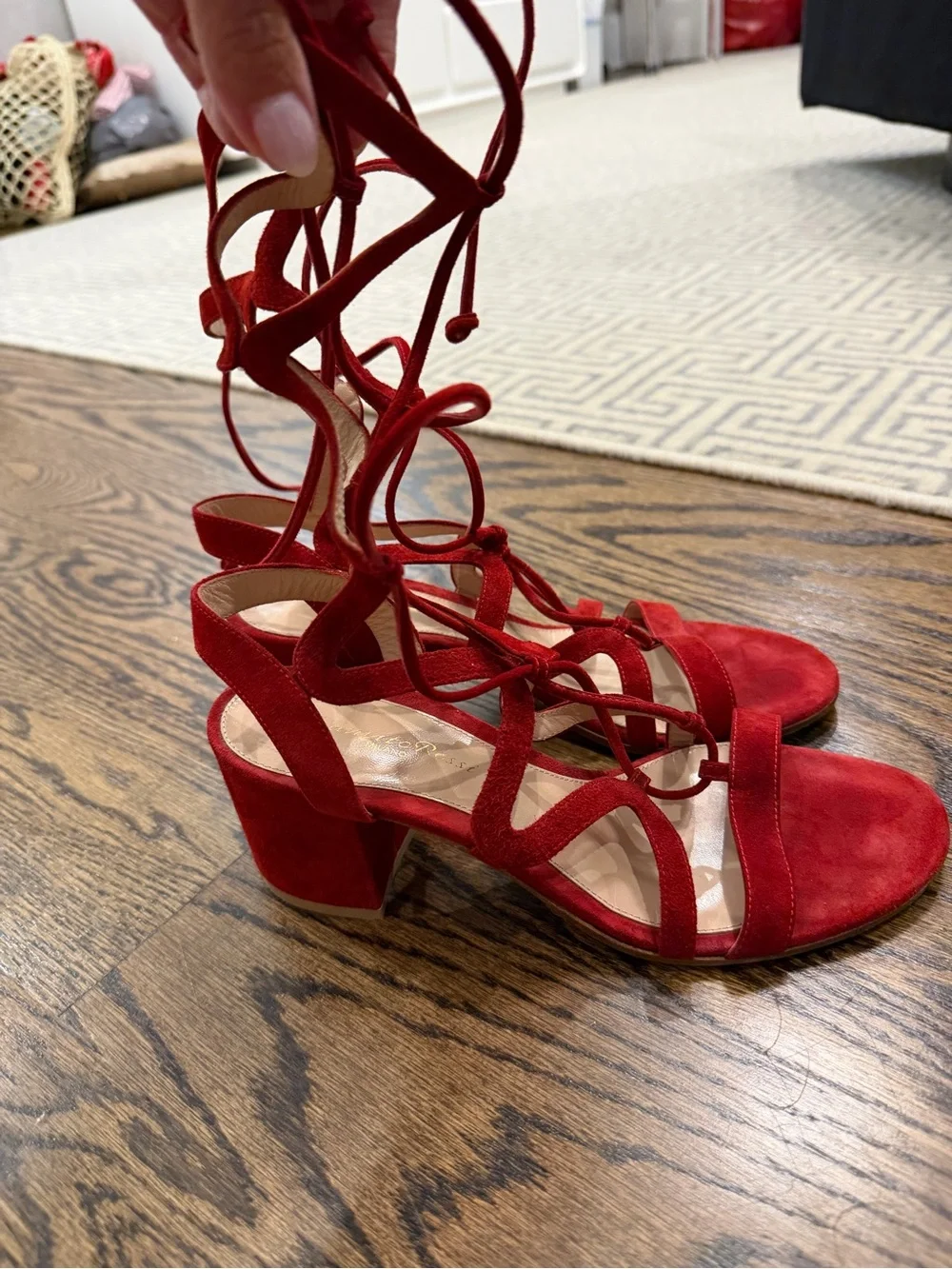 Gianvito Rossi Red Suede Lace-Up Block Heel Sandals